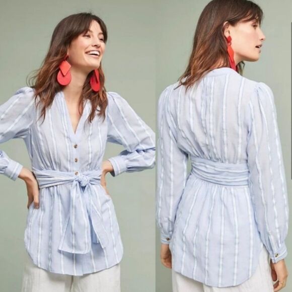 Anthropologie Building 18 South Seas Blue Stripe Belted Button Top - Picture 10 of 10
